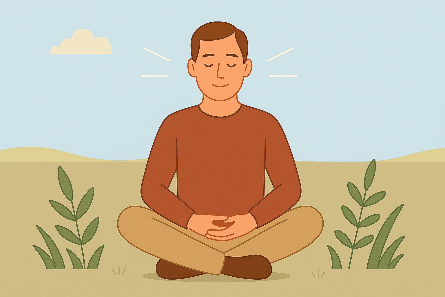 Illustration einer Person, die in der Natur im Schneidersitz sitzt und meditiert, als Darstellung von Achtsamkeit und Entspannung.
