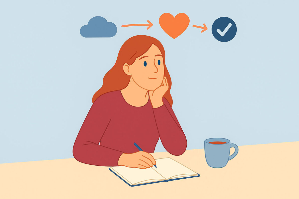 Illustration einer Frau, die nachdenklich schreibt; über ihr Symbole für Gedanken, Gefühle und Verhalten – Symbol für die Arbeit in der kognitiven Verhaltenstherapie.