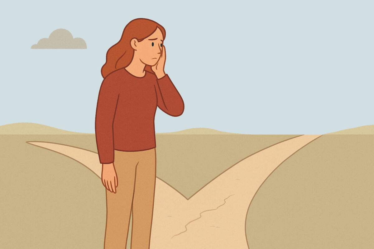 Illustration einer nachdenklichen Frau an einer Weggabelung, die über ihre nächsten Schritte nachdenkt. Symbolisch für Lebenskrisen, Entscheidungen und Neubeginn.